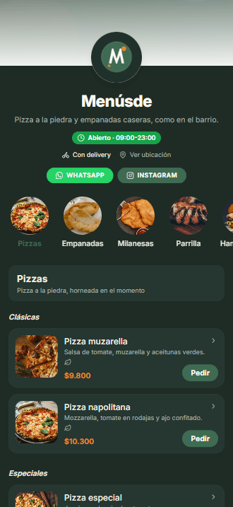 Vista previa del menú demo